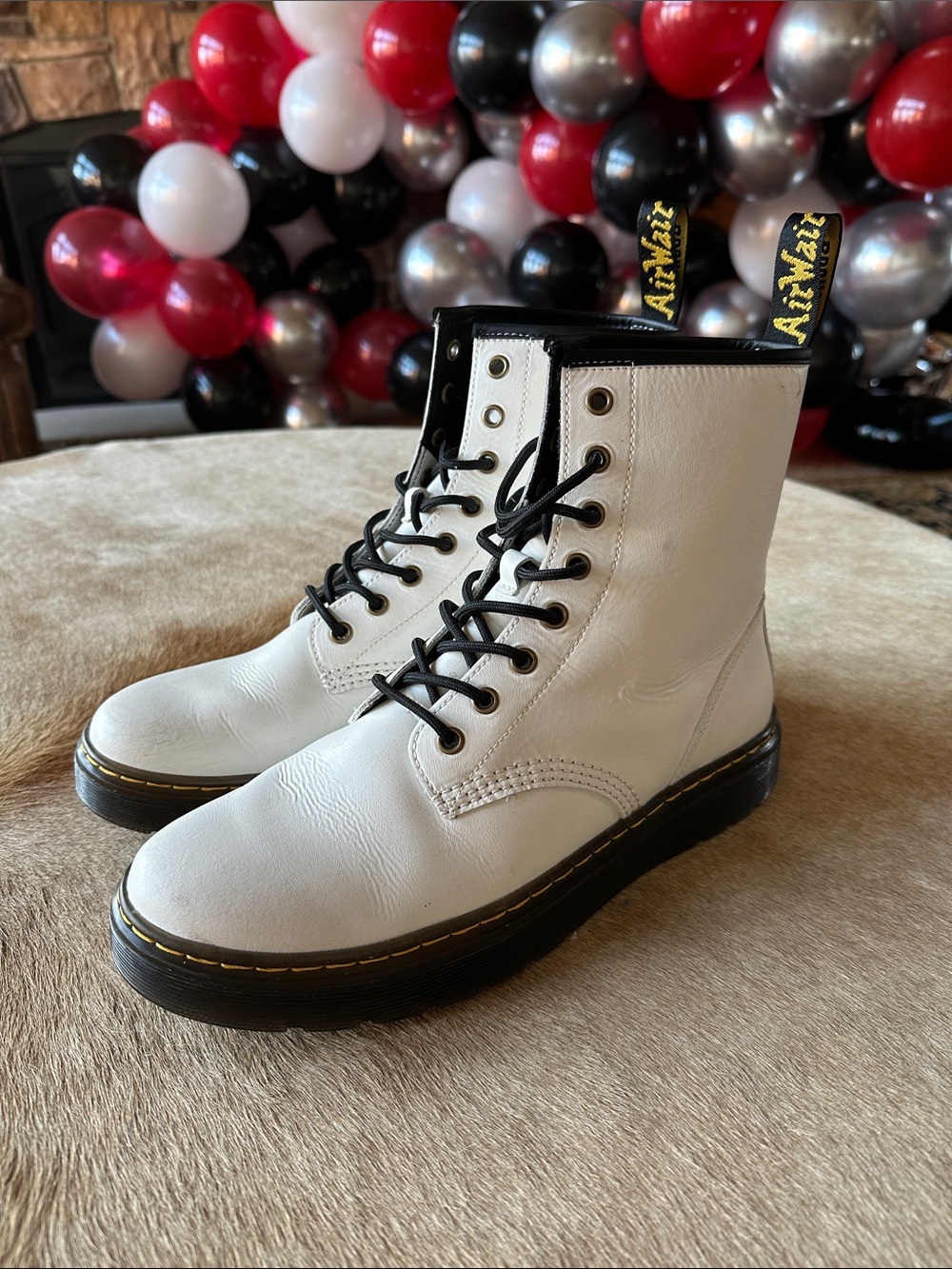Dr. Martens White Leather 8-Eye Lace-Up Boots with Black Trim